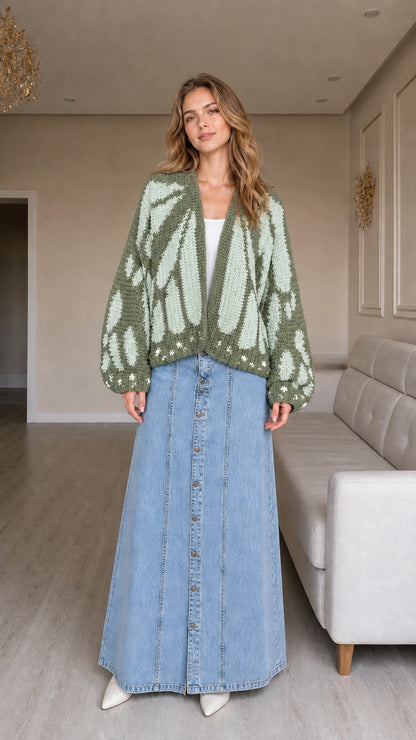 Model wearing sage green butterfly knit open-front cardigan sweater