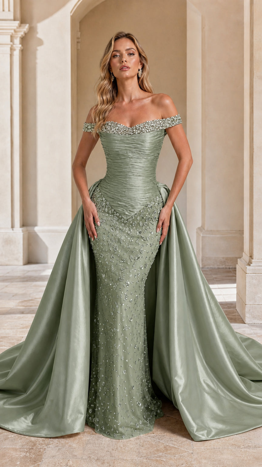 Model wearing Sage Green off-the-shoulder ruched formal gown with dramatic train