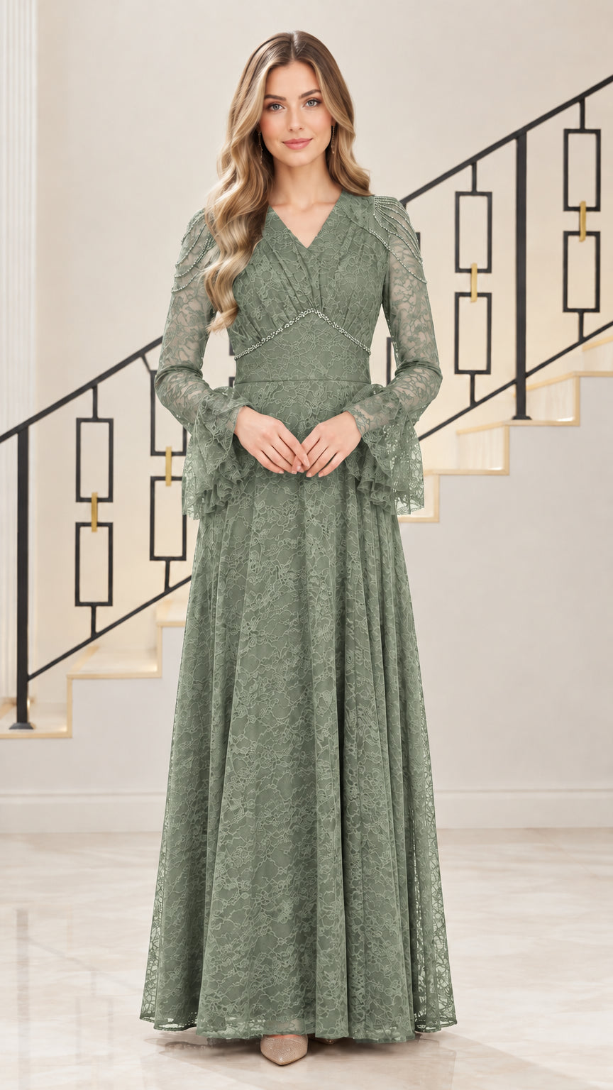 Front view of sage green beaded lace evening dress