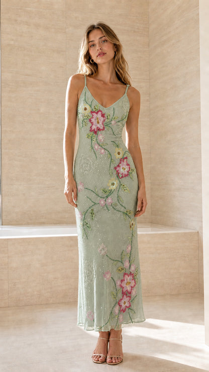 Sage green floral embroidered beaded maxi slip dress