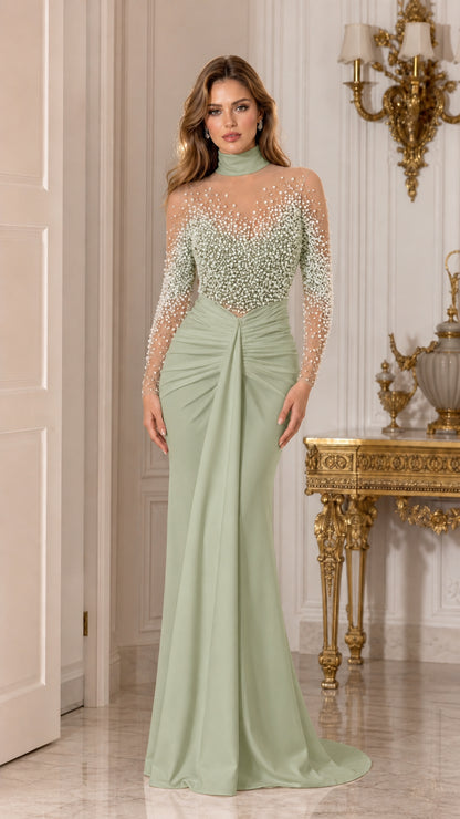 Sage green long sleeve pearl-embellished illusion formal dress