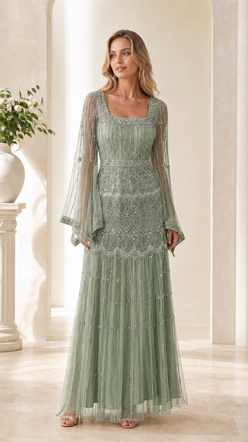 Front view of sage green beaded flare sleeve evening gown