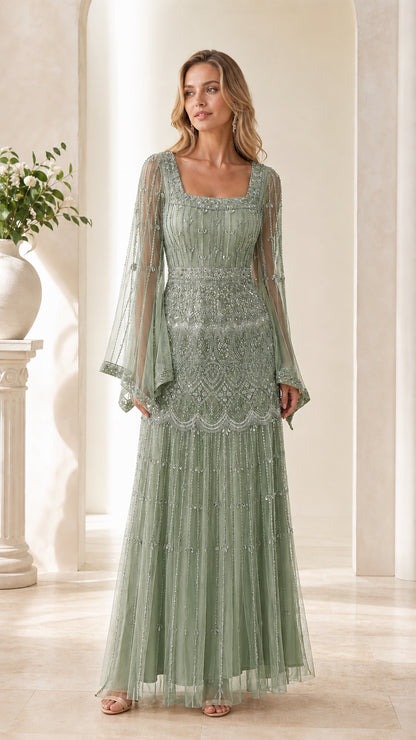 Front view of sage green beaded flare sleeve evening gown