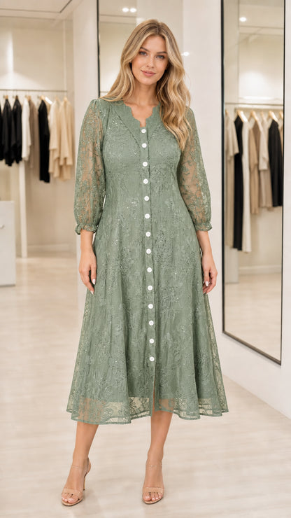 Sage green floral lace sequin button-front midi dress on model