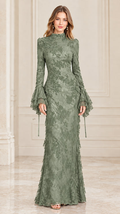 Sage green high-neck floral lace maxi dress with flared sleeves