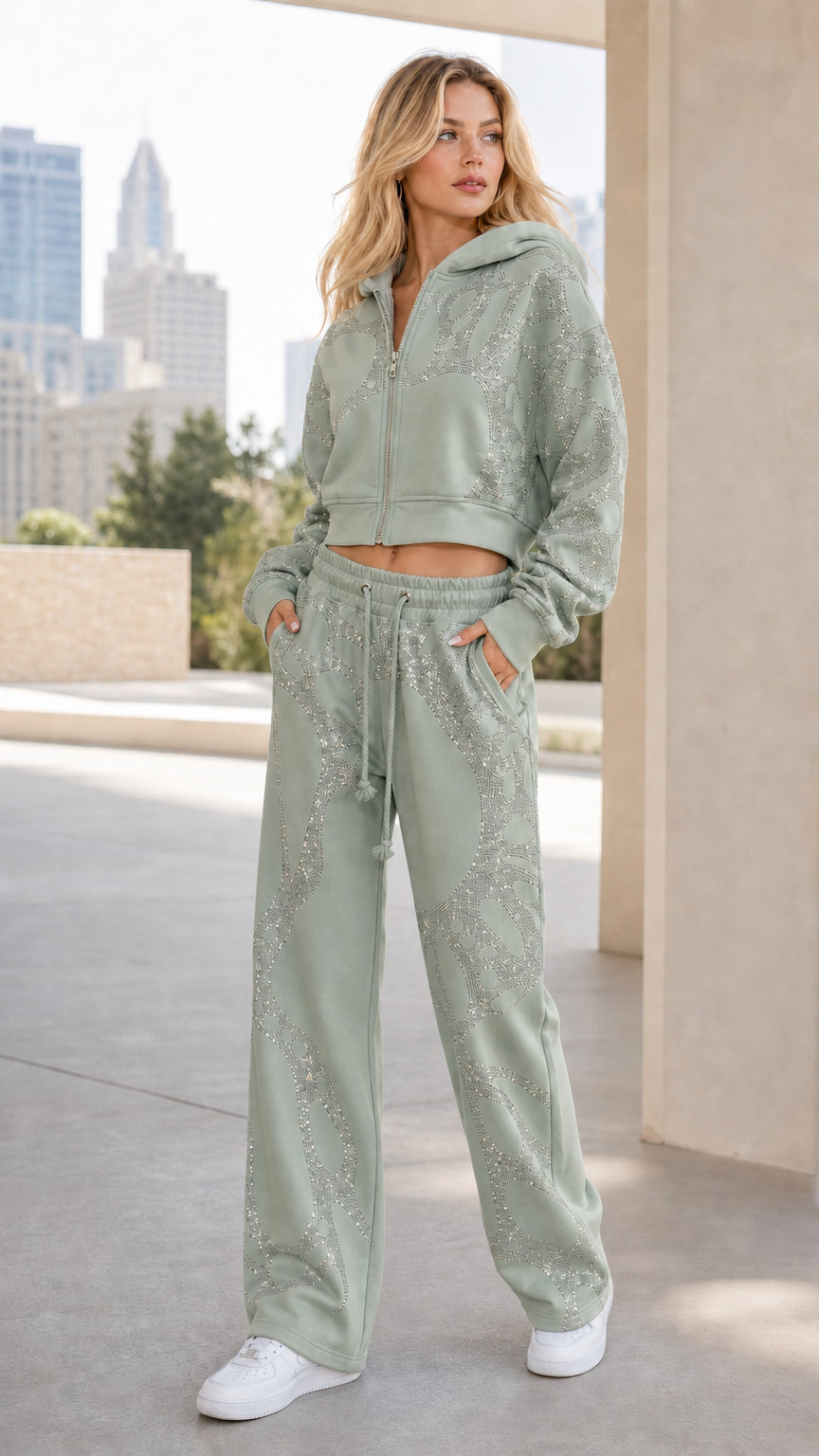 Front view of woman wearing Sage Green rhinestone cropped hoodie and wide-leg sweatpants set