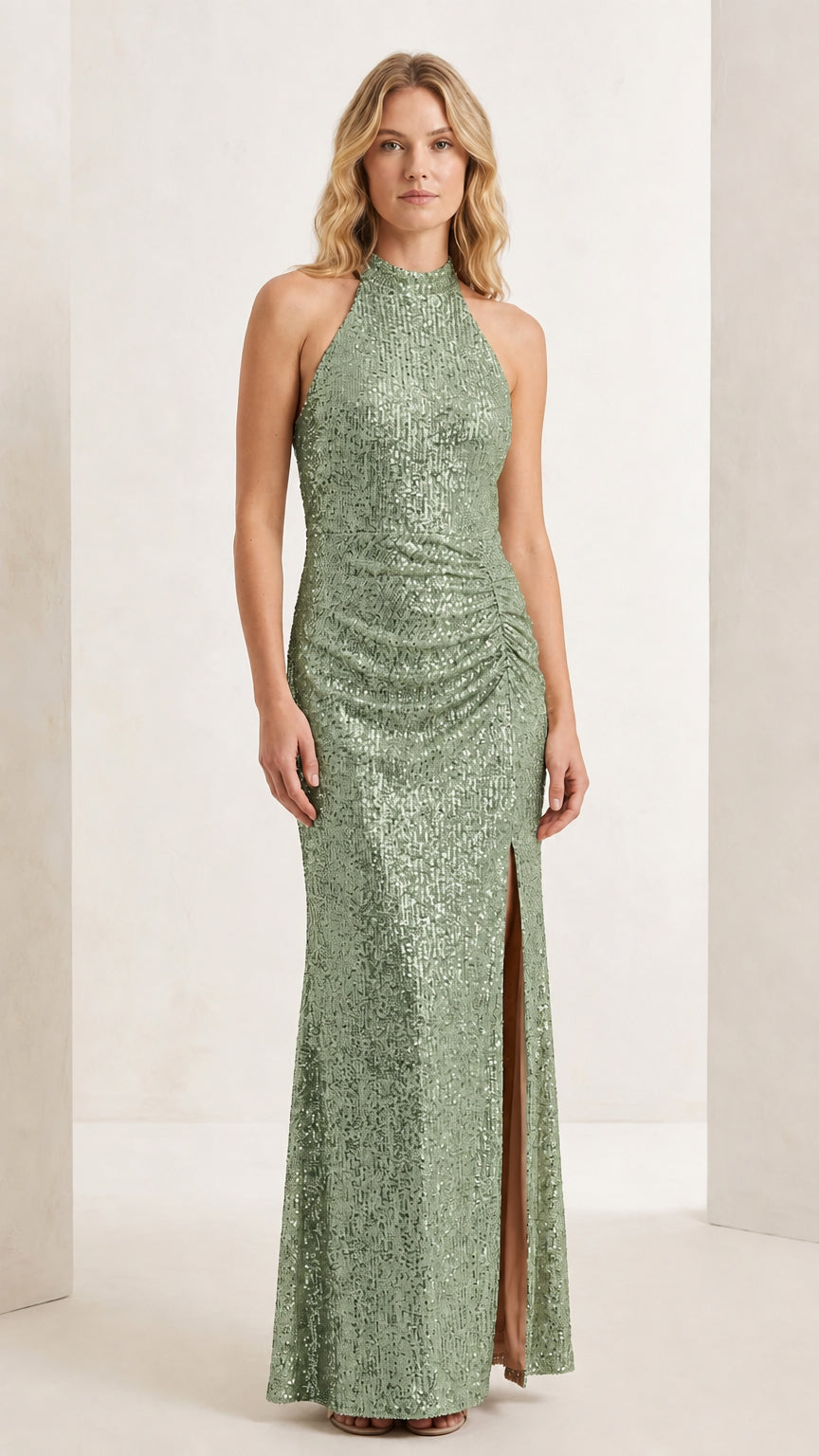 Front full-length view of model wearing the sage green halter sequin evening maxi gown