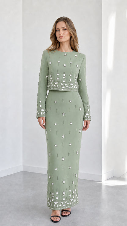 Sage green crystal beaded long sleeve crop top and column maxi skirt set