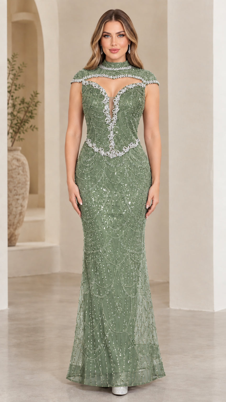 Sage green beaded illusion keyhole formal dress on model