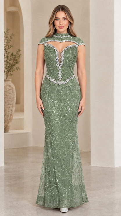 Sage green beaded illusion keyhole formal dress on model