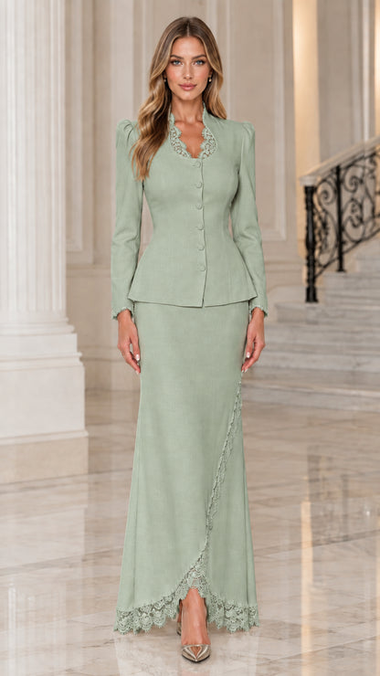 Front view of woman wearing sage green lace-trim peplum jacket and maxi skirt suit set