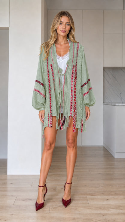 Front view of sage green embroidered open-front boho kimono cardigan