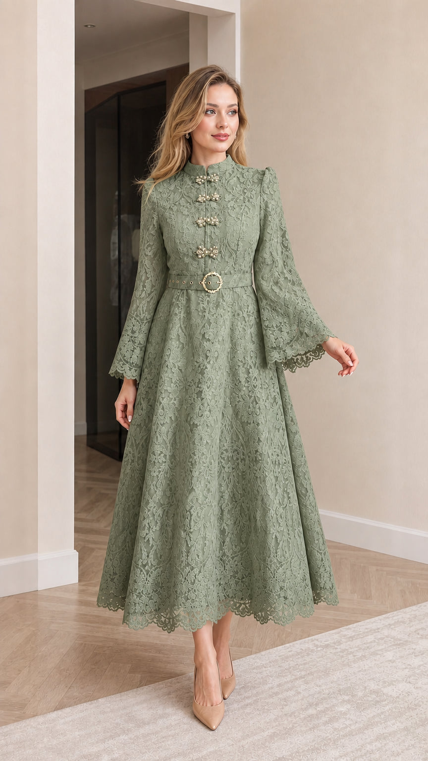 Front full view of sage green floral lace mandarin collar maxi dress with belt