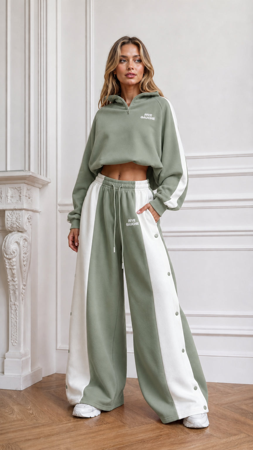 Sage green cropped hoodie and wide-leg side-snap track pants two-piece set