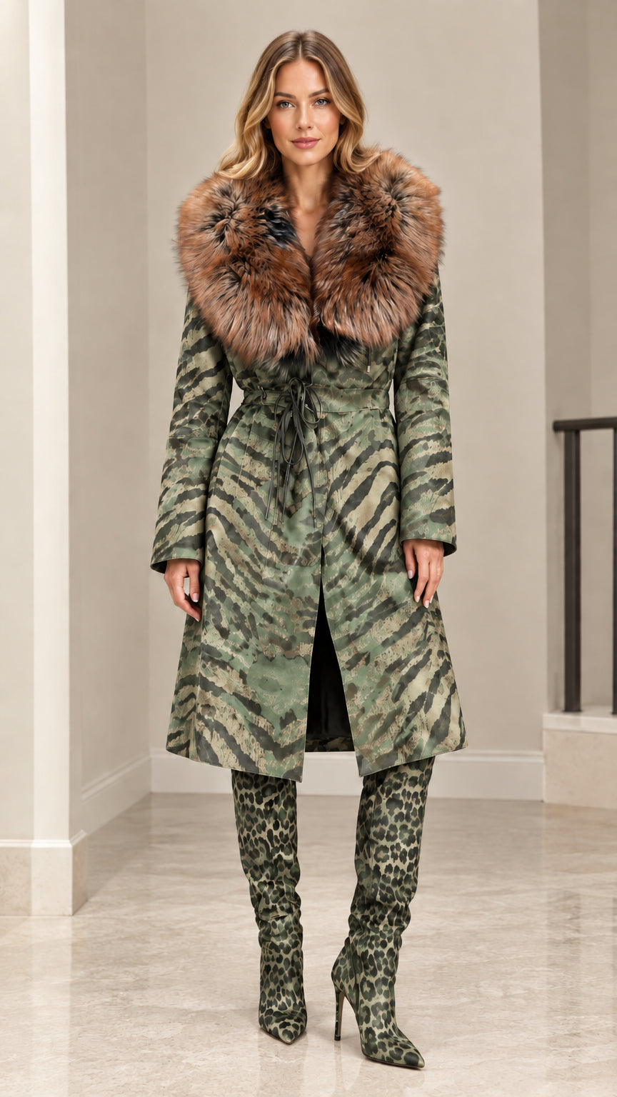 Model wearing Sage Green animal print long coat with plush fur collar