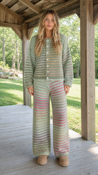 Model wearing Sage Multi green striped knit matching cardigan and pants set