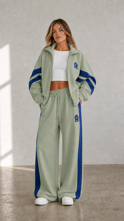 Sage green women's two-piece tracksuit set with blue contrast stripe details