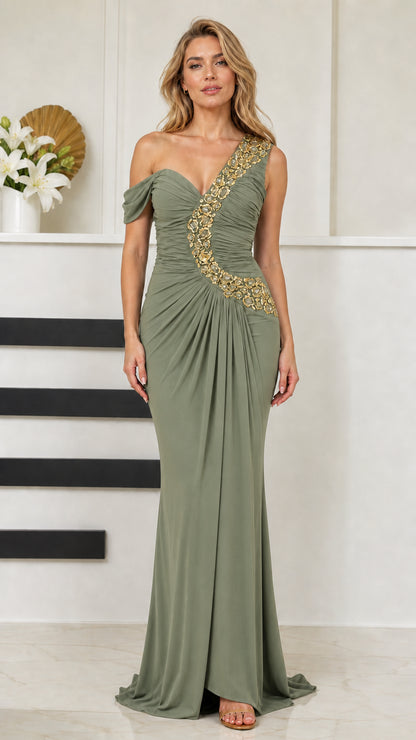 Front view of woman wearing sage green one-shoulder crystal ruched evening dress
