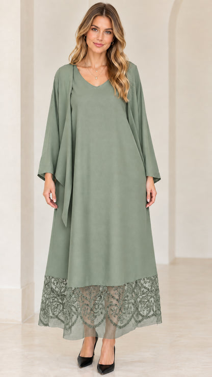 Sage green V-neck evening maxi dress with lace hem and draped cardigan
