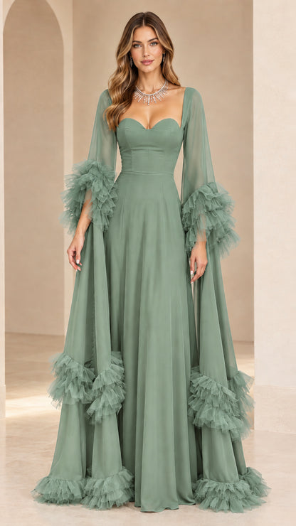 Sage green floor-length evening gown with tiered tulle sleeve ruffles
