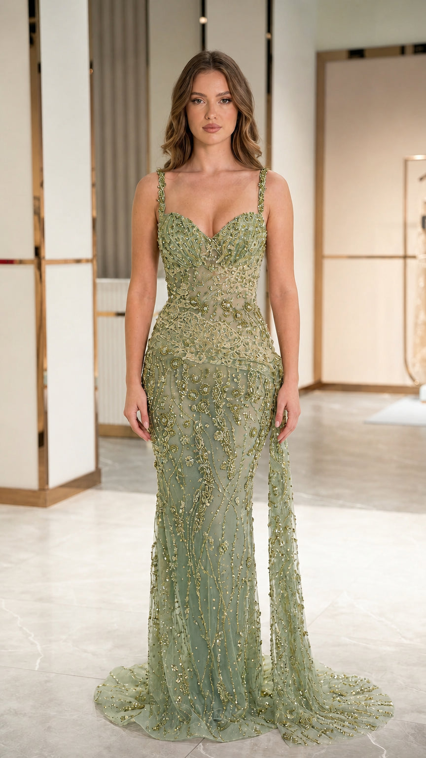 Front view of model wearing sage green beaded lace formal evening dress