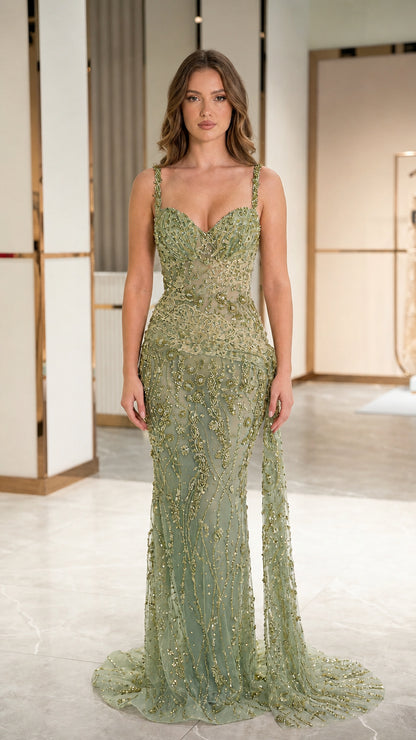 Front view of model wearing sage green beaded lace formal evening dress