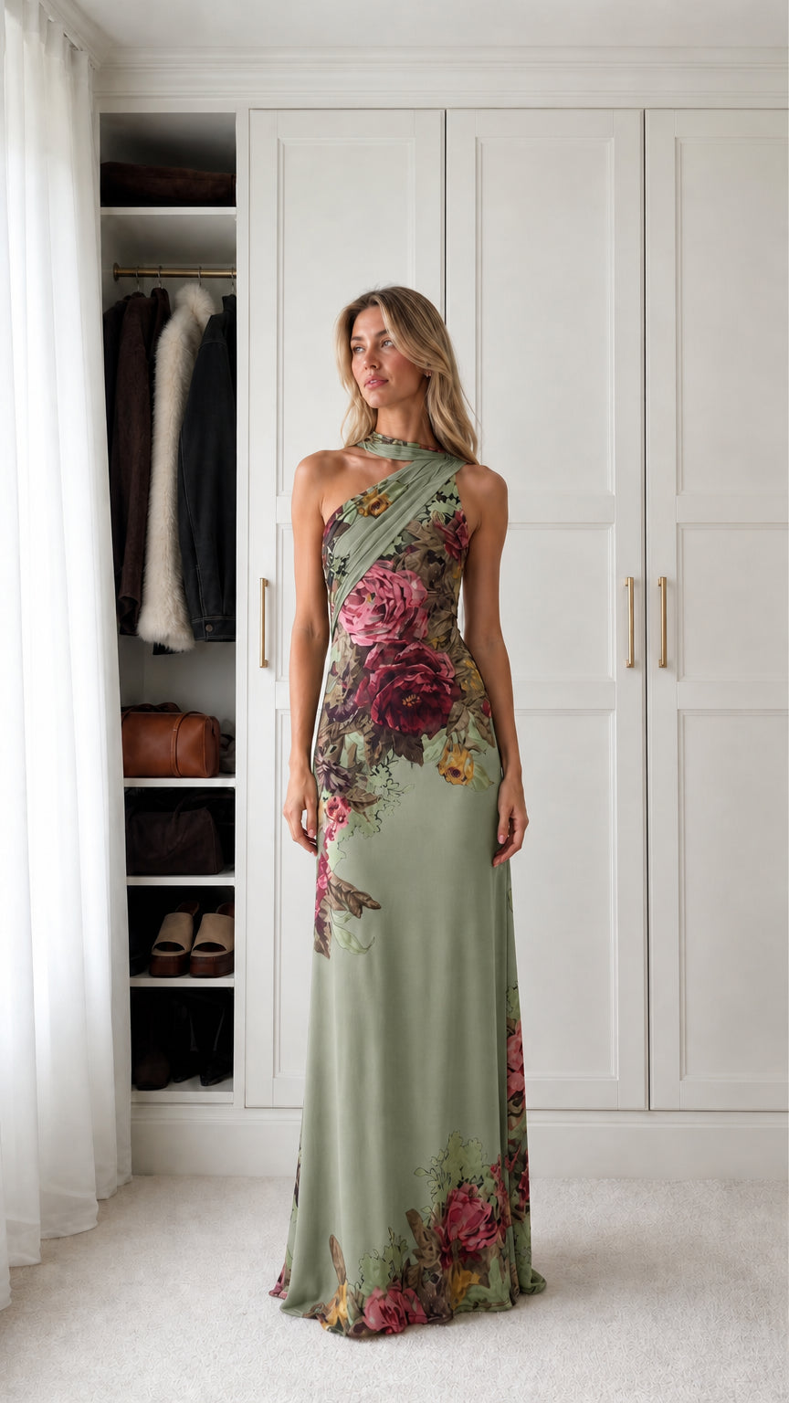 Sage Green floral halter maxi dress front view