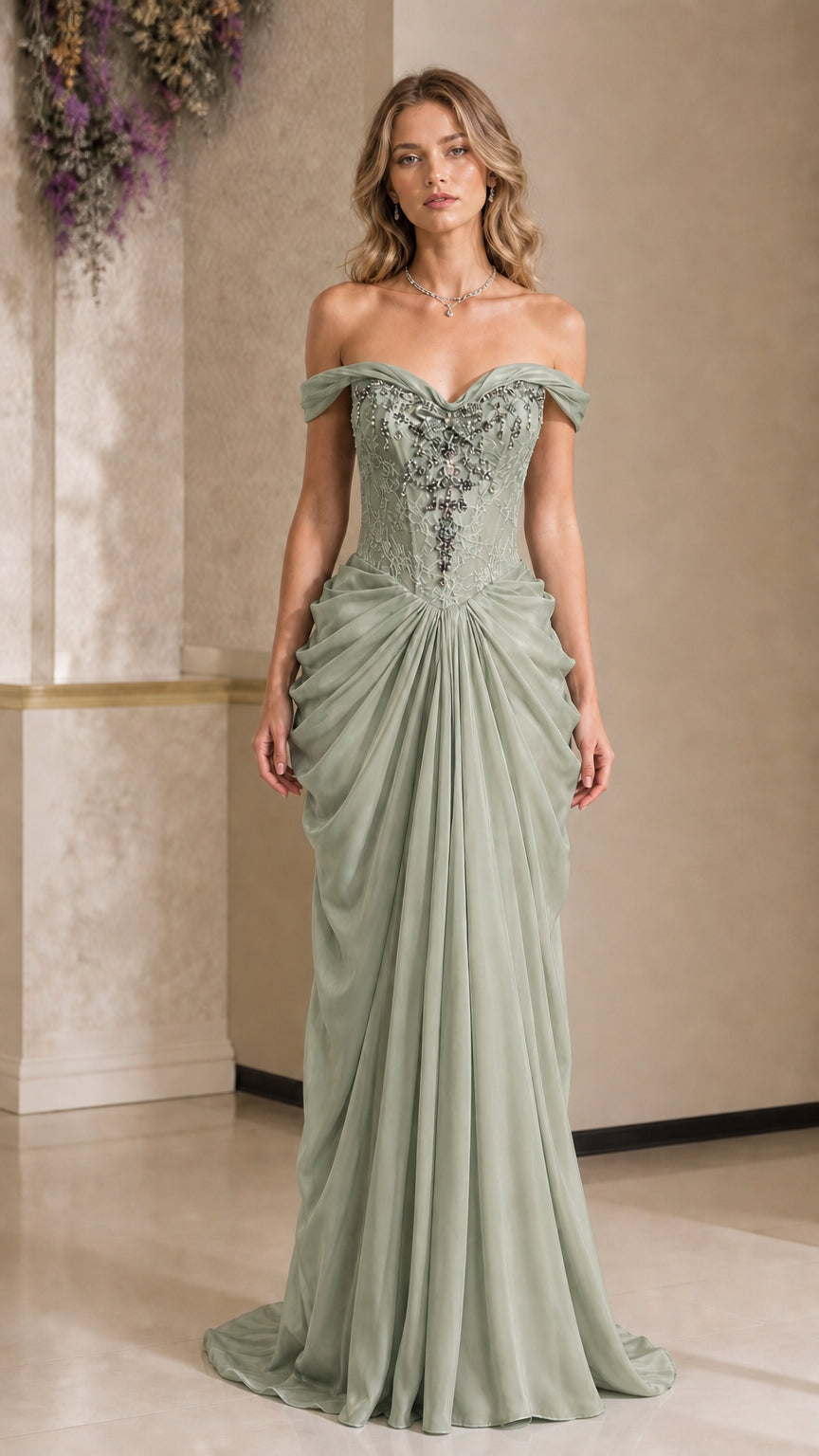 Sage green draped chiffon formal evening gown with beaded corset top