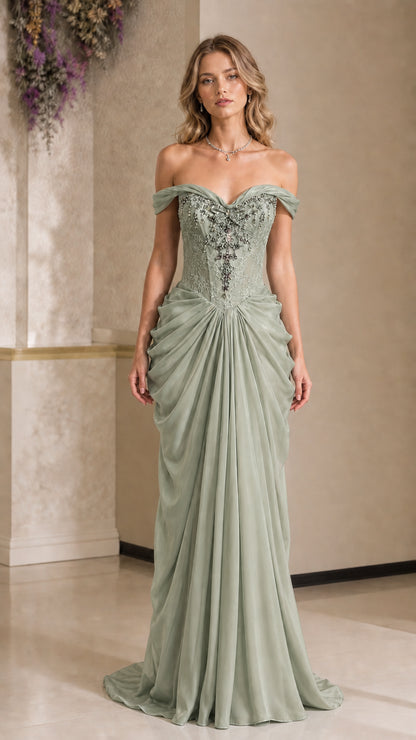 Sage green draped chiffon formal evening gown with beaded corset top