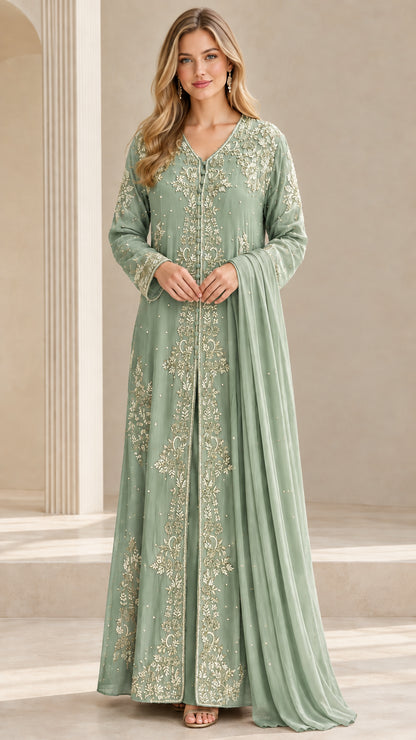 Full front view of sage green embroidered long sleeve formal gown