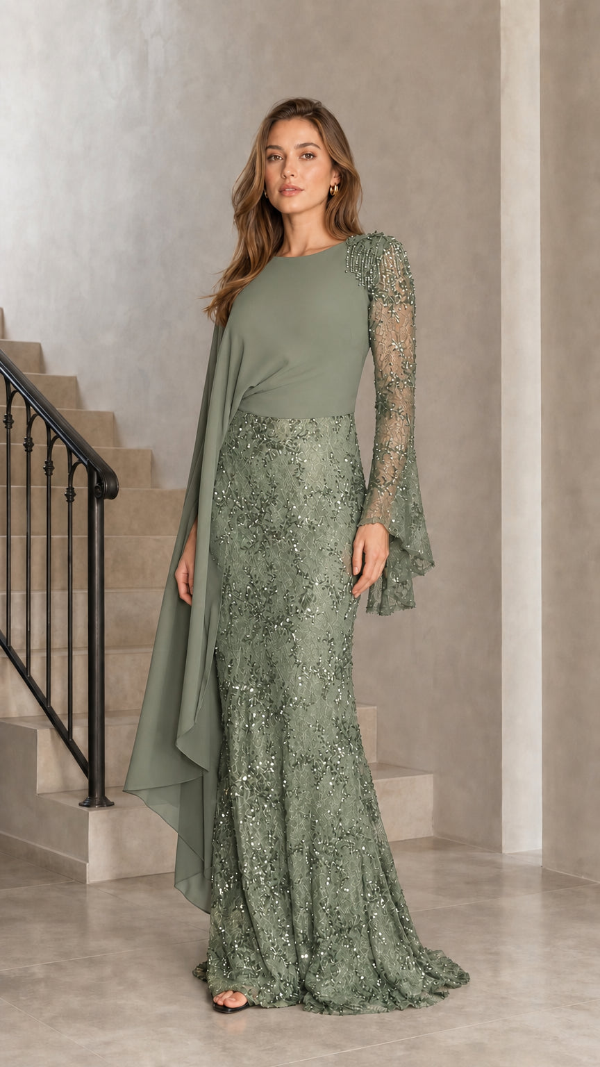 Sage green cape sleeve embellished sequin lace evening maxi dress