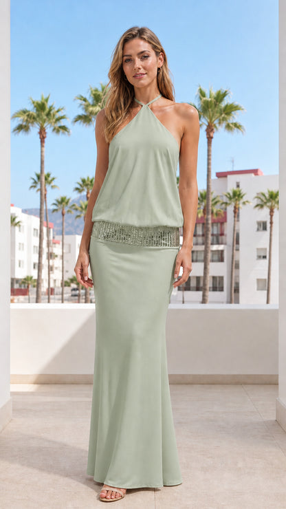 Model wearing Sage Green Halter Neck Sequin Waist Blouson Maxi Dress
