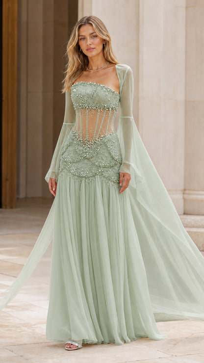 Sage Green strapless sheer boned corset gown with pearl detail and cape sleeves