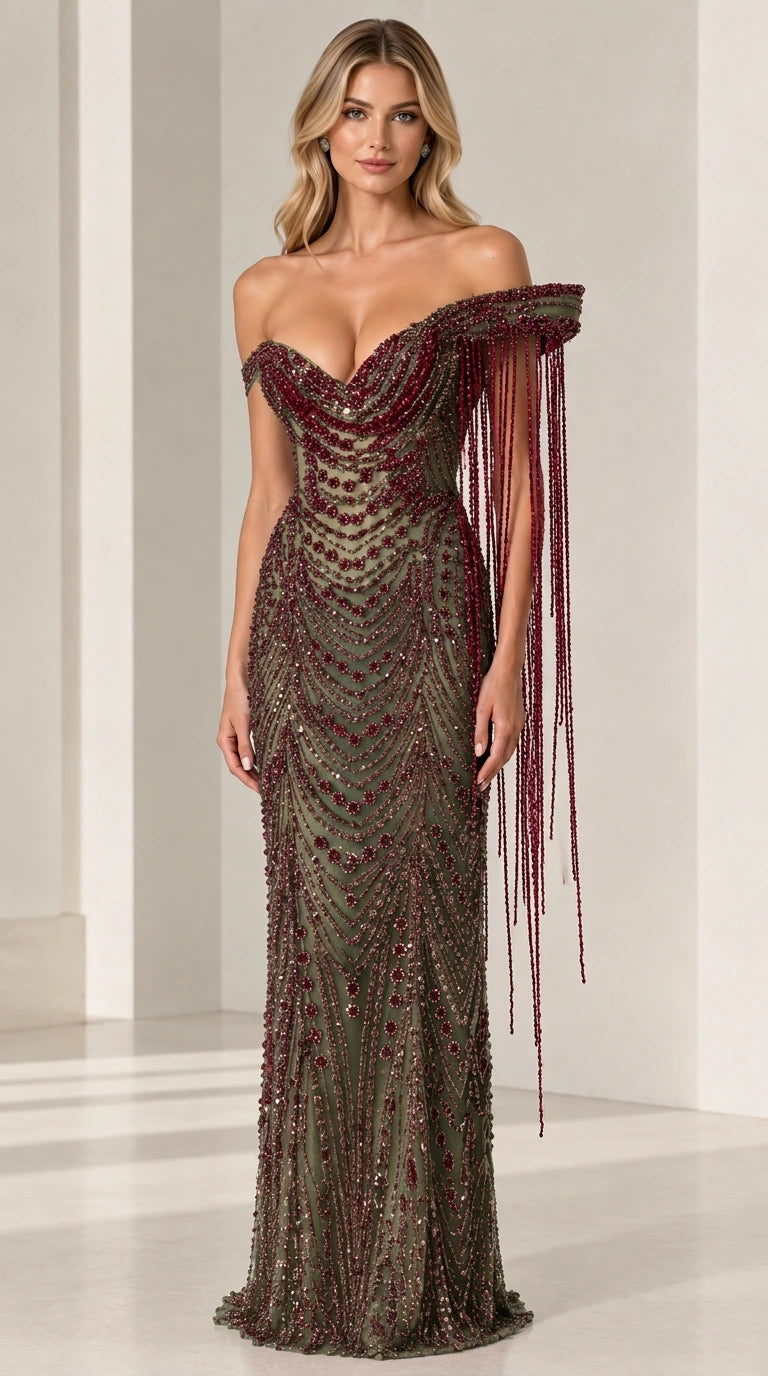Olive green beaded formal maxi dress with off-shoulder fringe design