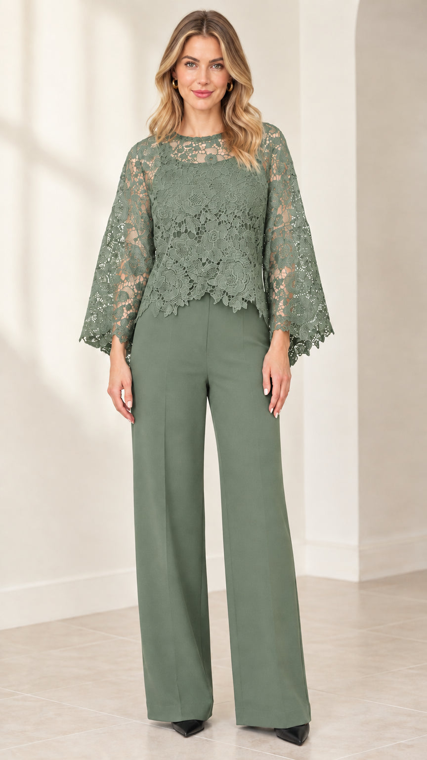 Front view of sage green lace overlay wide-leg jumpsuit