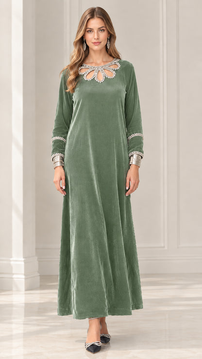 Sage Green long sleeve velvet maxi dress with rhinestone detailing