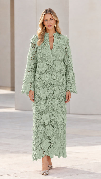Full-length front view of woman wearing Sage Green floral lace long sleeve maxi dress