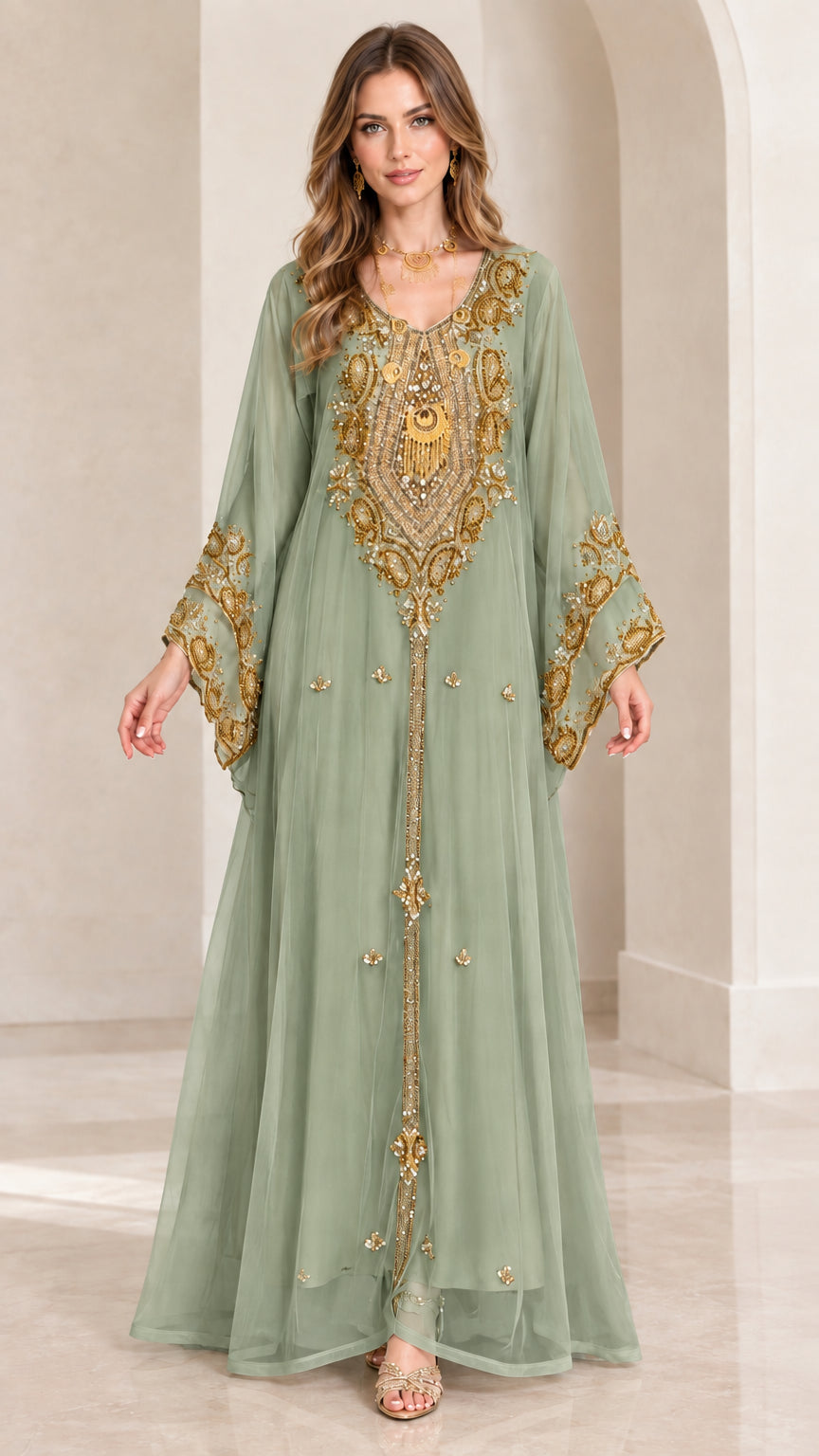 Front view of sage green gold embroidered long sleeve abaya kaftan