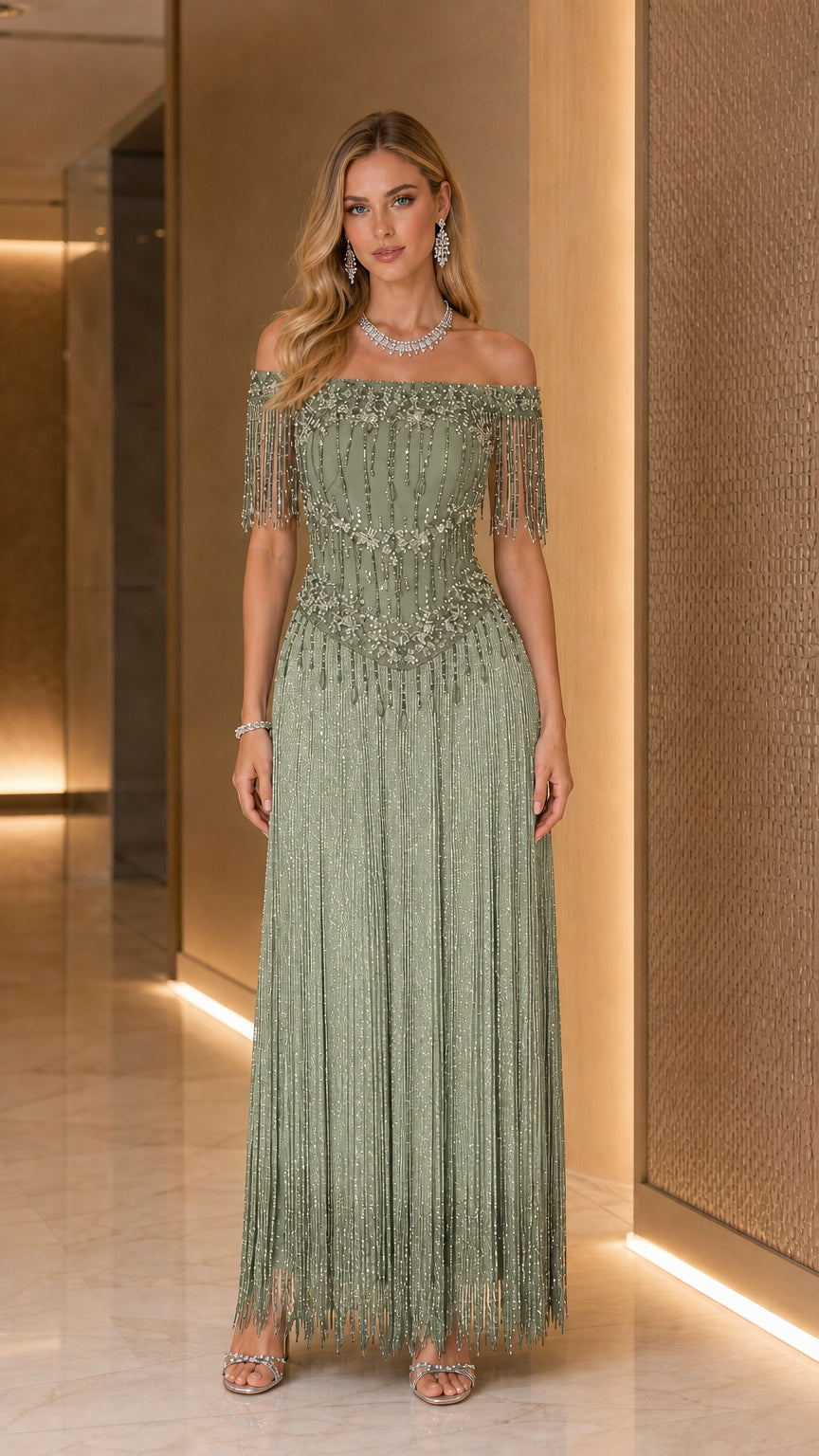 Model wearing Sage Green off-the-shoulder beaded fringe maxi evening gown