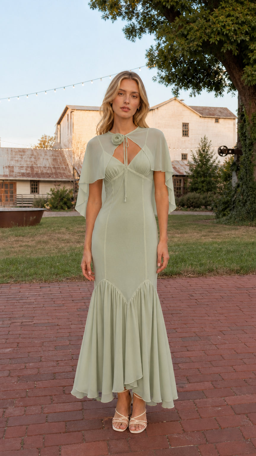 Front view of model wearing Sage Green floral rosette capelet mermaid maxi dress