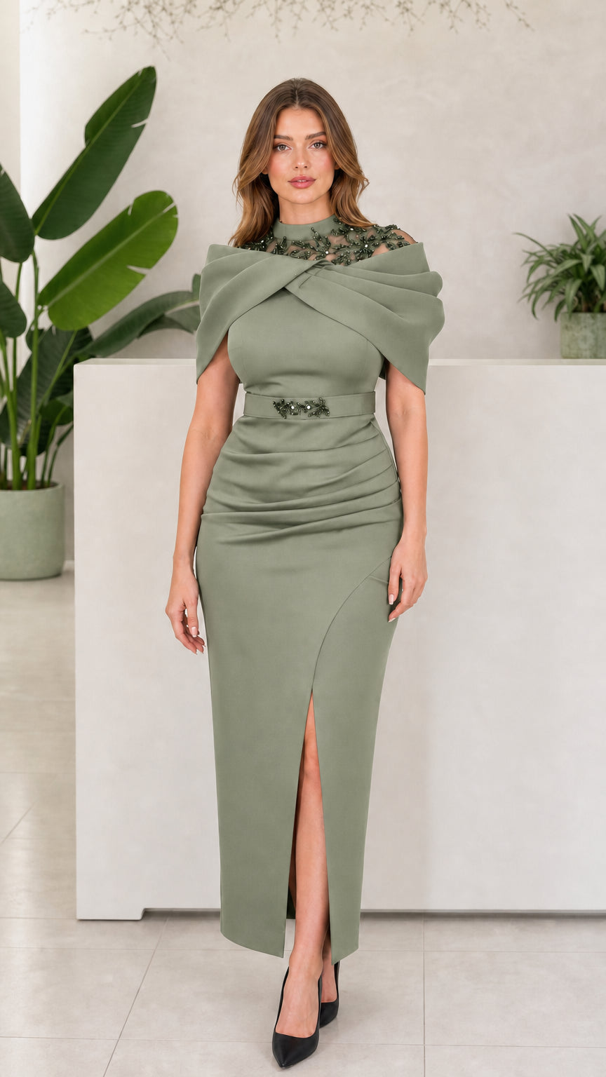 Front view of woman wearing Sage Green draped shoulder formal column dress