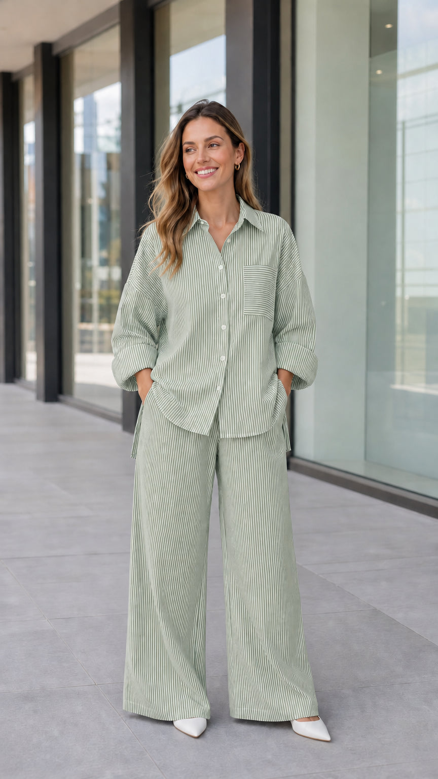 Full-length view of woman wearing sage green striped button-down and wide-leg trousers set