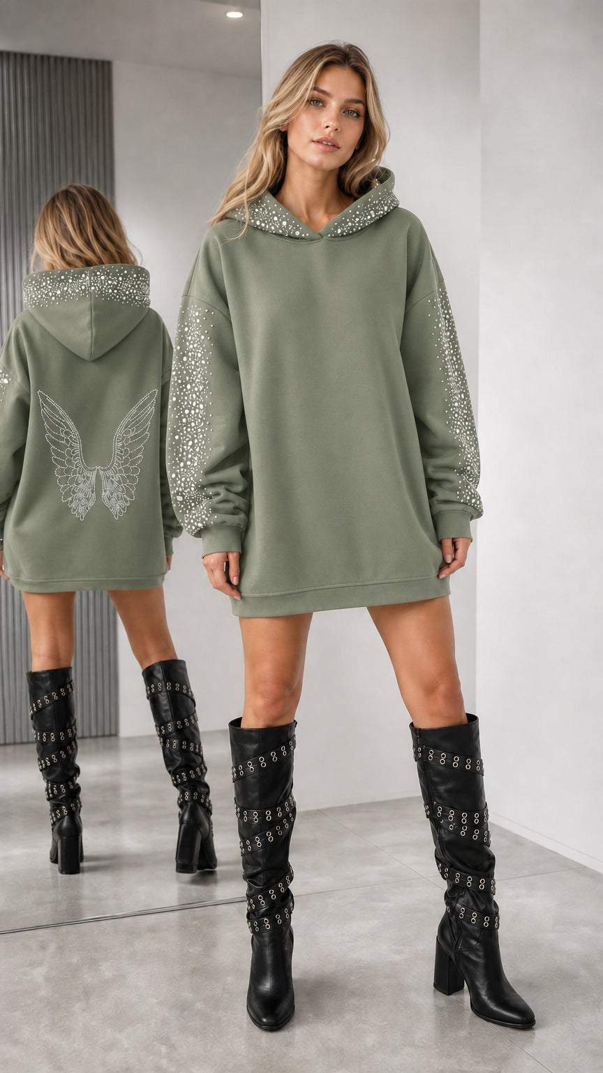 Sage green oversized rhinestone angel wing hoodie dress shown from front and back