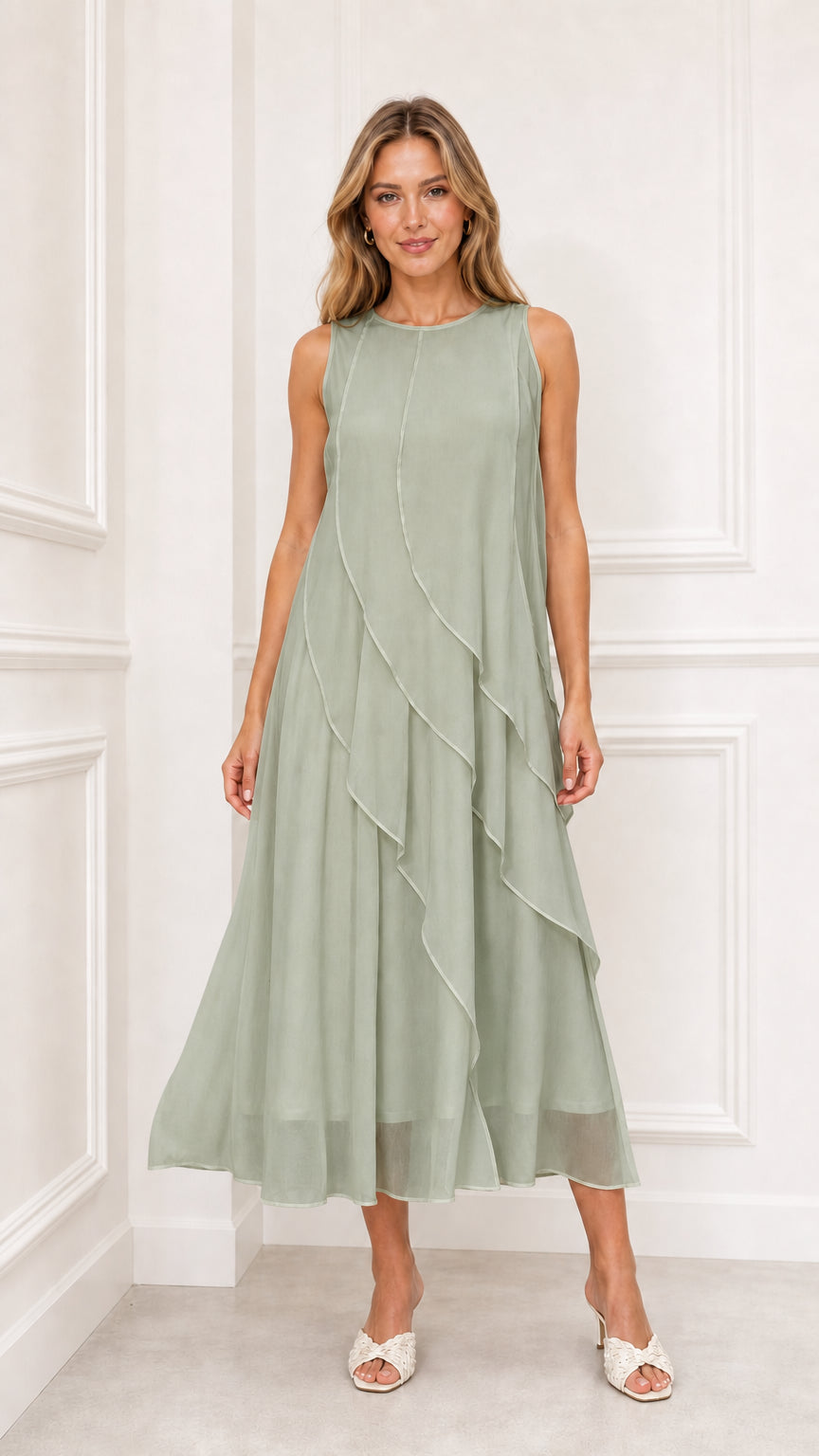 Model wearing sage green sleeveless tiered chiffon midi dress