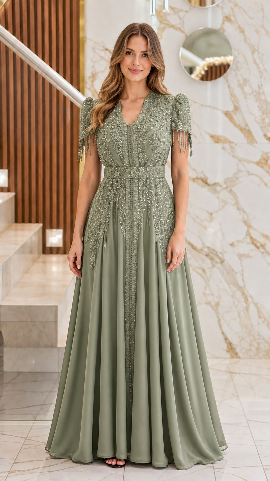 Full-length front view of model wearing the sage green beaded evening gown