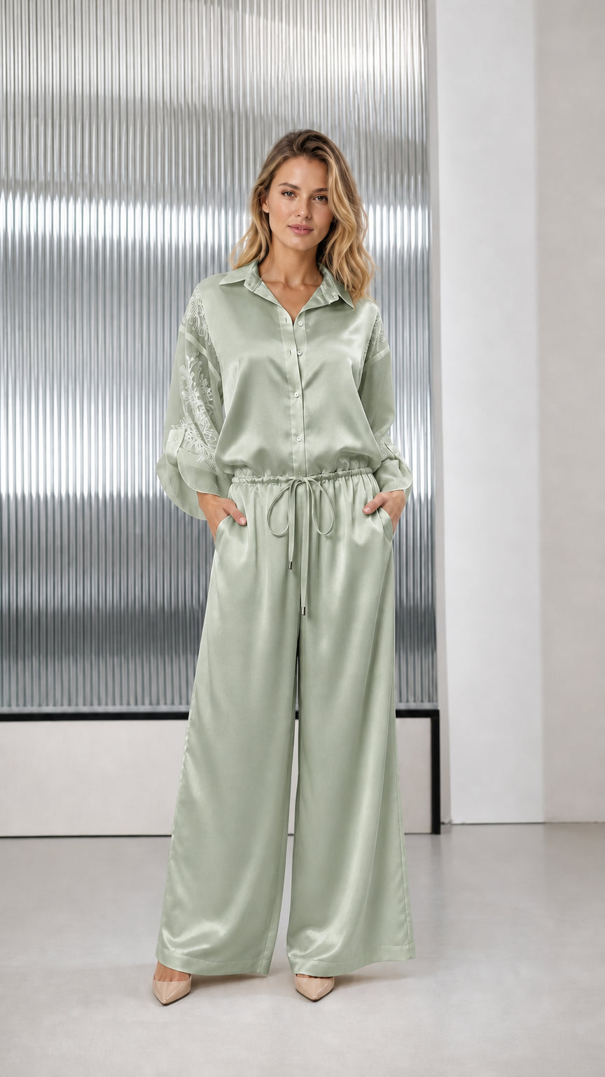 Sage green satin button-down wide-leg jumpsuit with drawstring waist