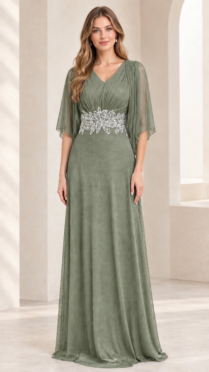Model wearing elegant sage green V-neck formal maxi dress with flutter sleeves