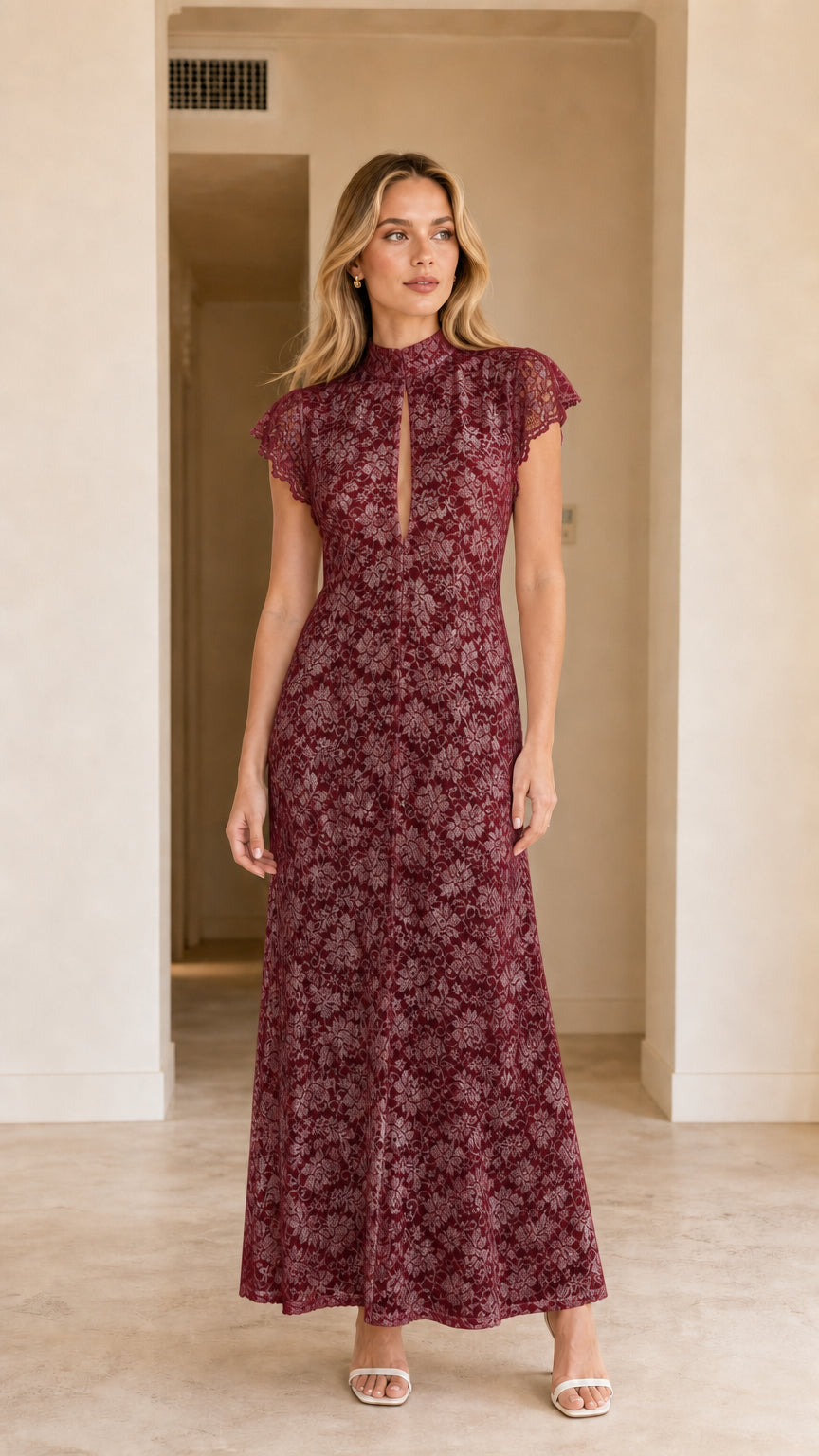 Model wearing burgundy wine floral lace maxi evening dress