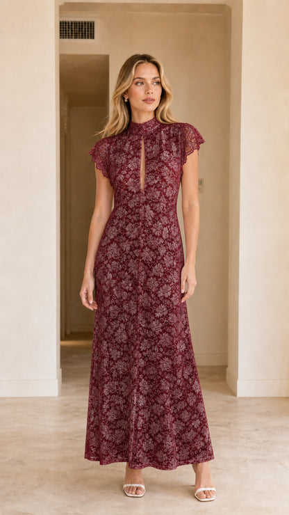 Model wearing burgundy wine floral lace maxi evening dress