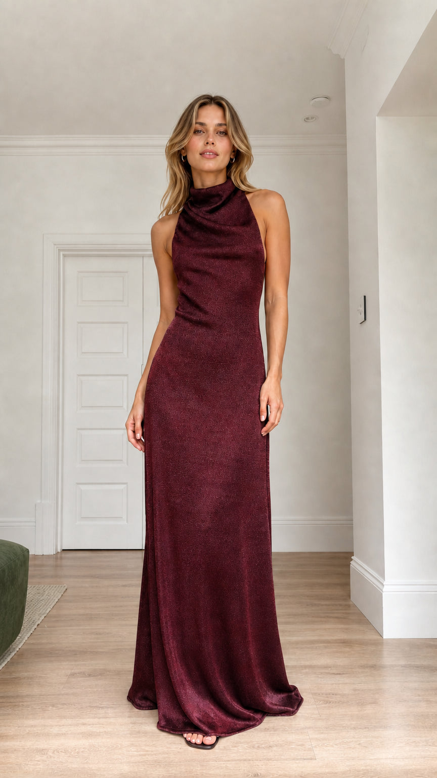 Burgundy wine red halter high neck open back maxi gown